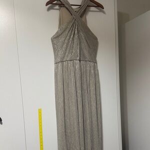 Taylor Metallic Silver Cross-Front Prom Gown